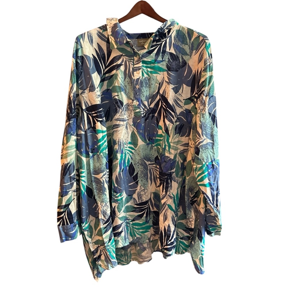 D&co Women's 5x Floral‎ Button-Up Blouse Tropical Leaf Print